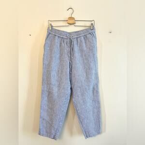 Talbots 100% linen blue and white striped pants drawstring waist ankle beach 6